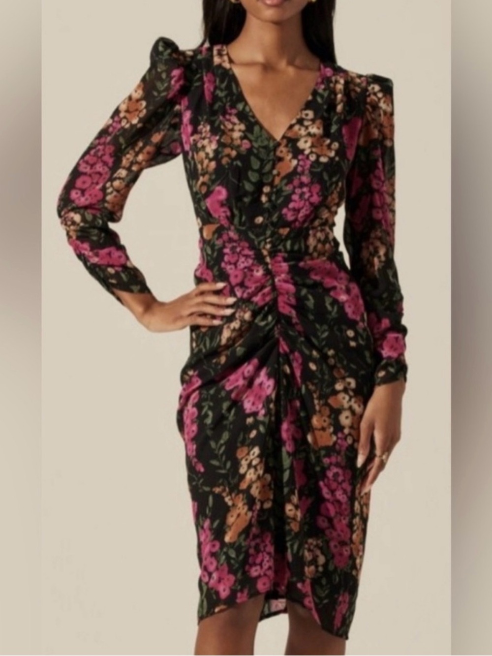 Astr Black Floral Long Sleeve Midi Dress with Pink & Brown Blooms